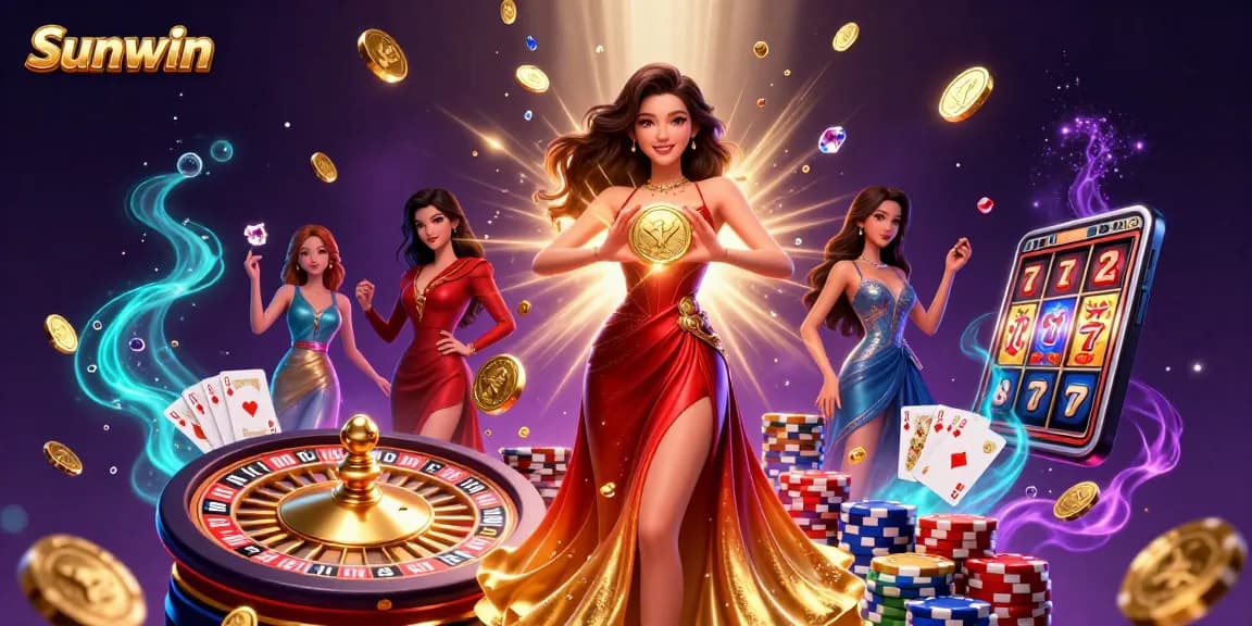 Experience the thrilling world of Sunwin with stunning visuals of dynamic gaming elements and a glamorous character.