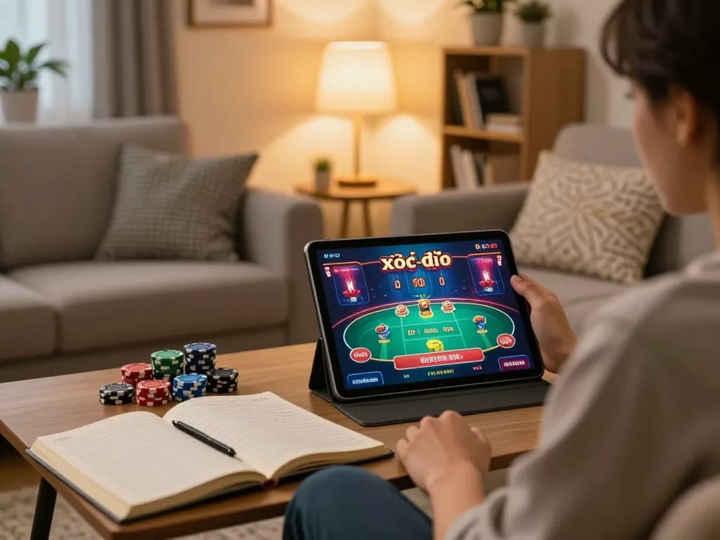Engaging in online xóc đĩa gameplay on a tablet in a cozy living room setting with strategic notes.