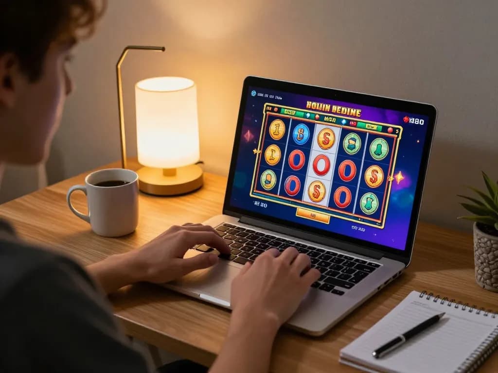 Engaging online casinos in Canada experience with a player at home enjoying a colorful slot game on a laptop
