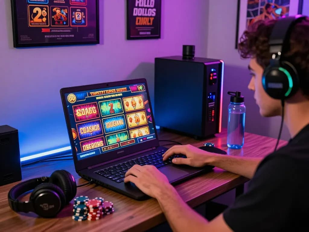 Engaging player at a situs gacor online gaming setup with vibrant slot games, modern accessories, and lively atmosphere.