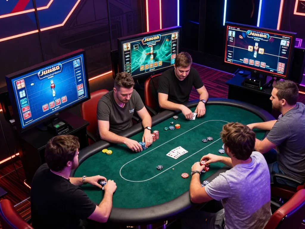 Players strategizing in a high-stakes online poker game on Jun88 platform