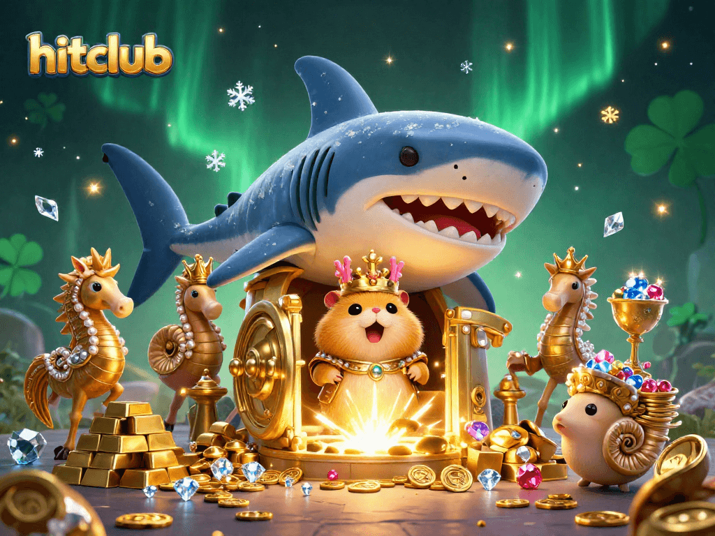 Hitclub showcases a kingdom of riches with a golden hamster king and seahorse guards amidst treasure.