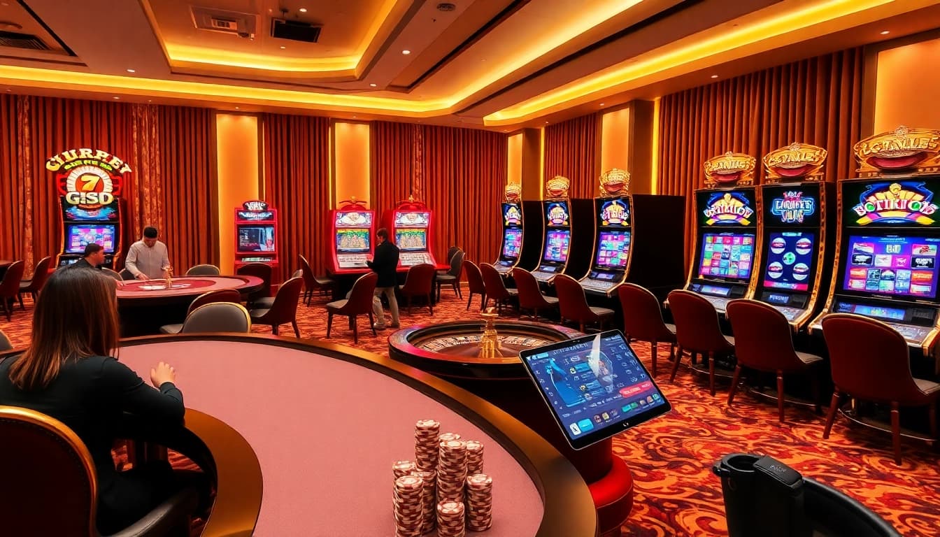An engaging casino scene for https://lc88pro.com/, showcasing players at tables, vibrant slot machines, and luxury vibes.