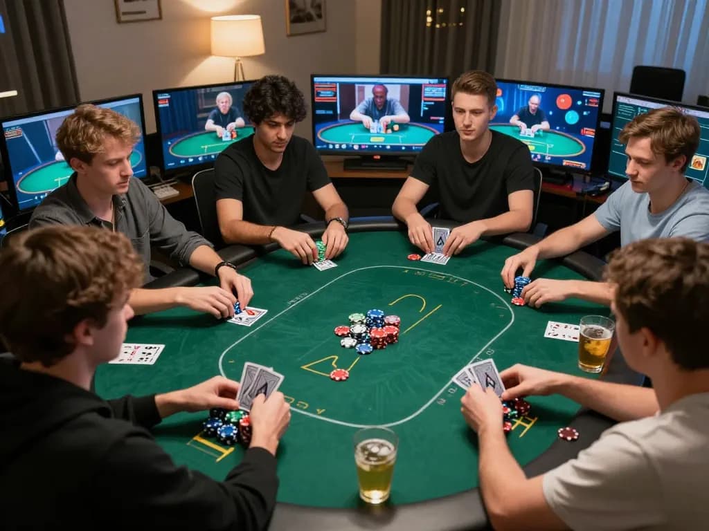 Engaging poker gameplay online with m120 strategies applied by focused players in a vibrant home setting.