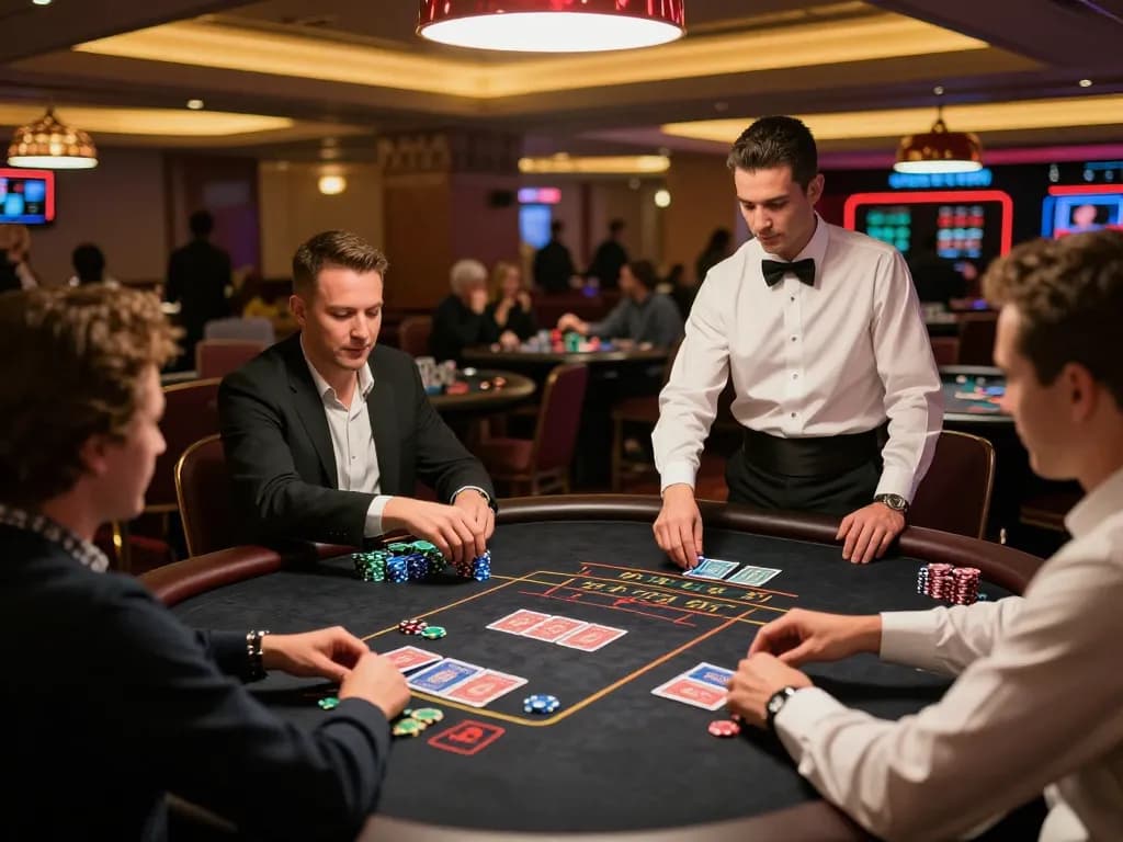 Players engaging with blackjack at the casino, strategizing with HM88 chips and cards.