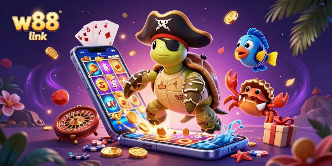 Engage with w88 link as a vibrant casino scene showcases a pirate turtle, wealth, and dynamic gaming elements.