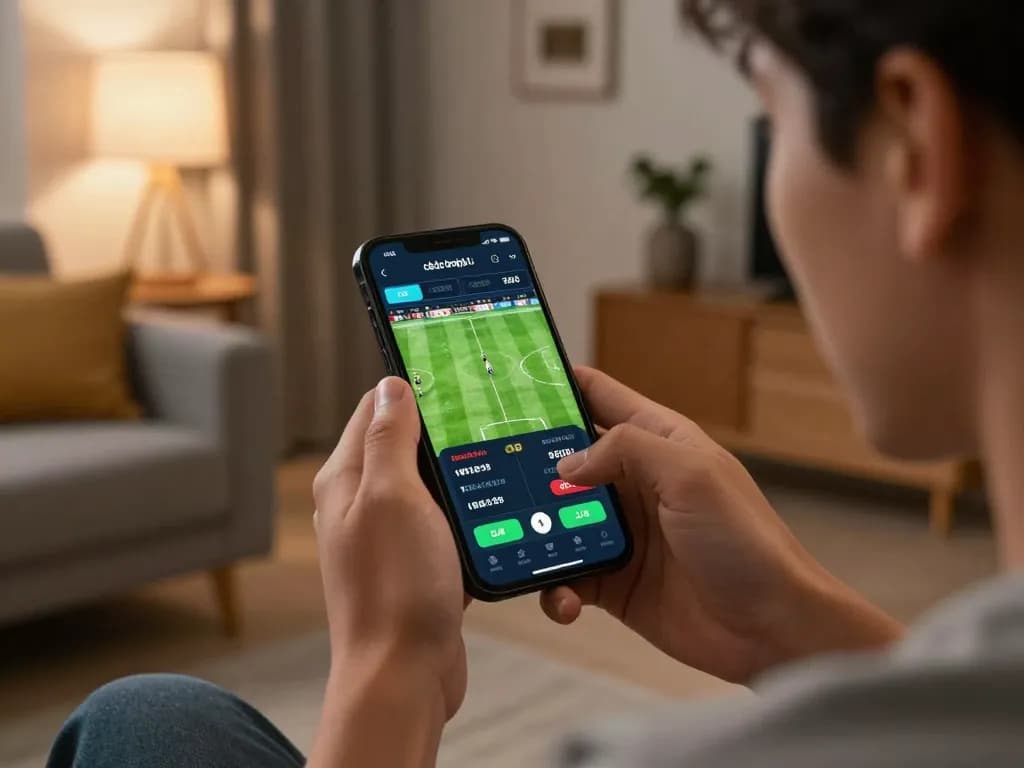 Engage in cá độ bóng đá online with real-time betting on a smartphone in a cozy living room.