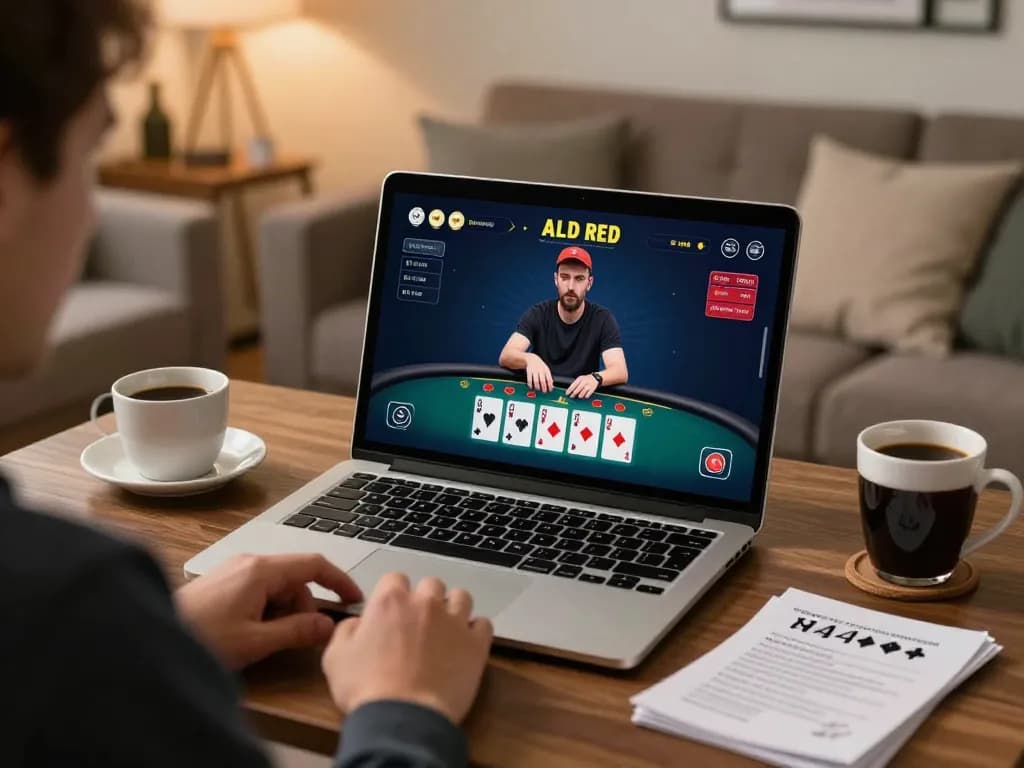 Engage in online poker with 388bet on a laptop at home, showing community cards and player reactions.