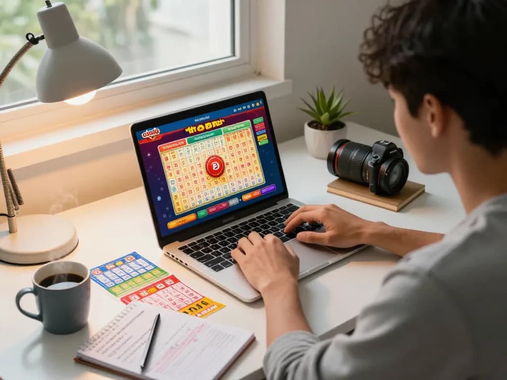 Dewa togel player analyzing online lottery game strategies on a laptop in a cozy home office.