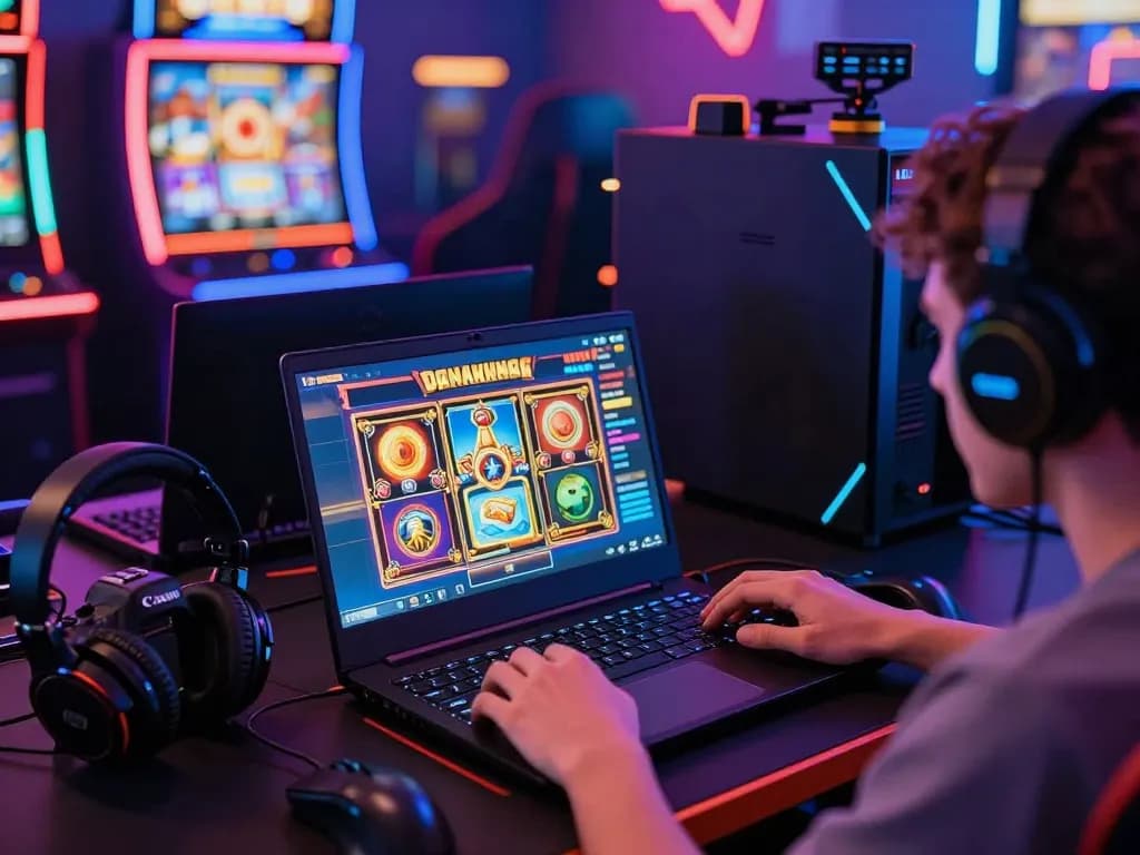Atmosfer permainan yang menarik menampilkan link slot gaco dengan mesin slot yang berwarna-warni dan seorang pemain yang terlibat dalam permainan online.