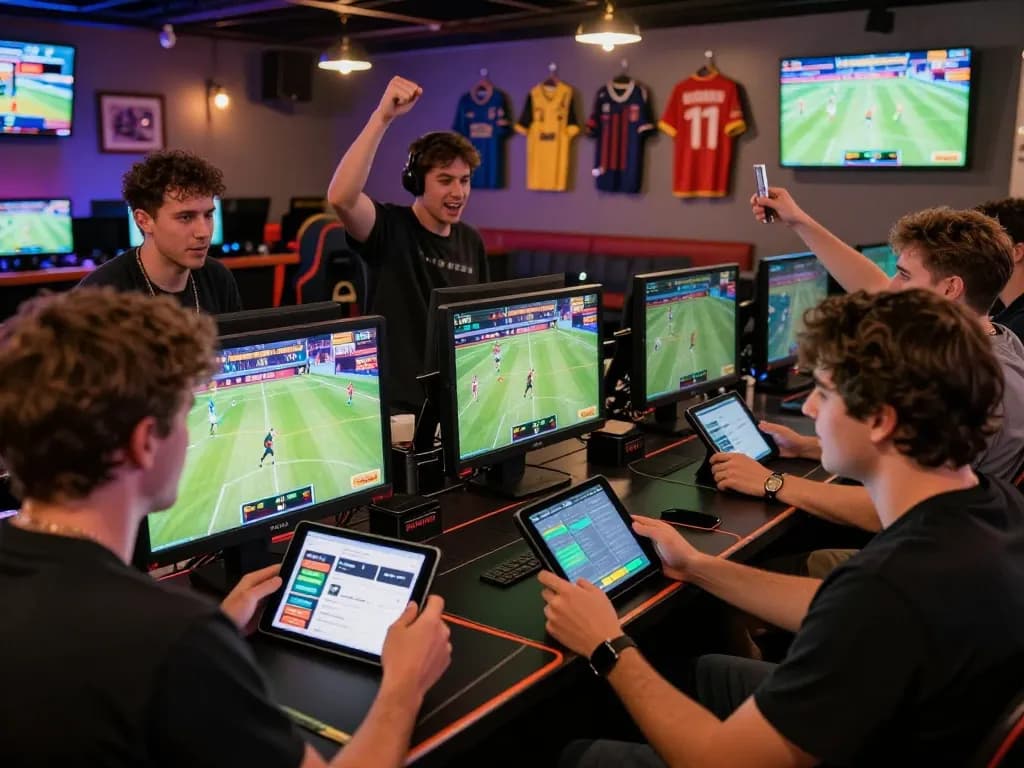 Players engaging with the Onbet app in a lively betting lounge, showcasing excitement and sports events.