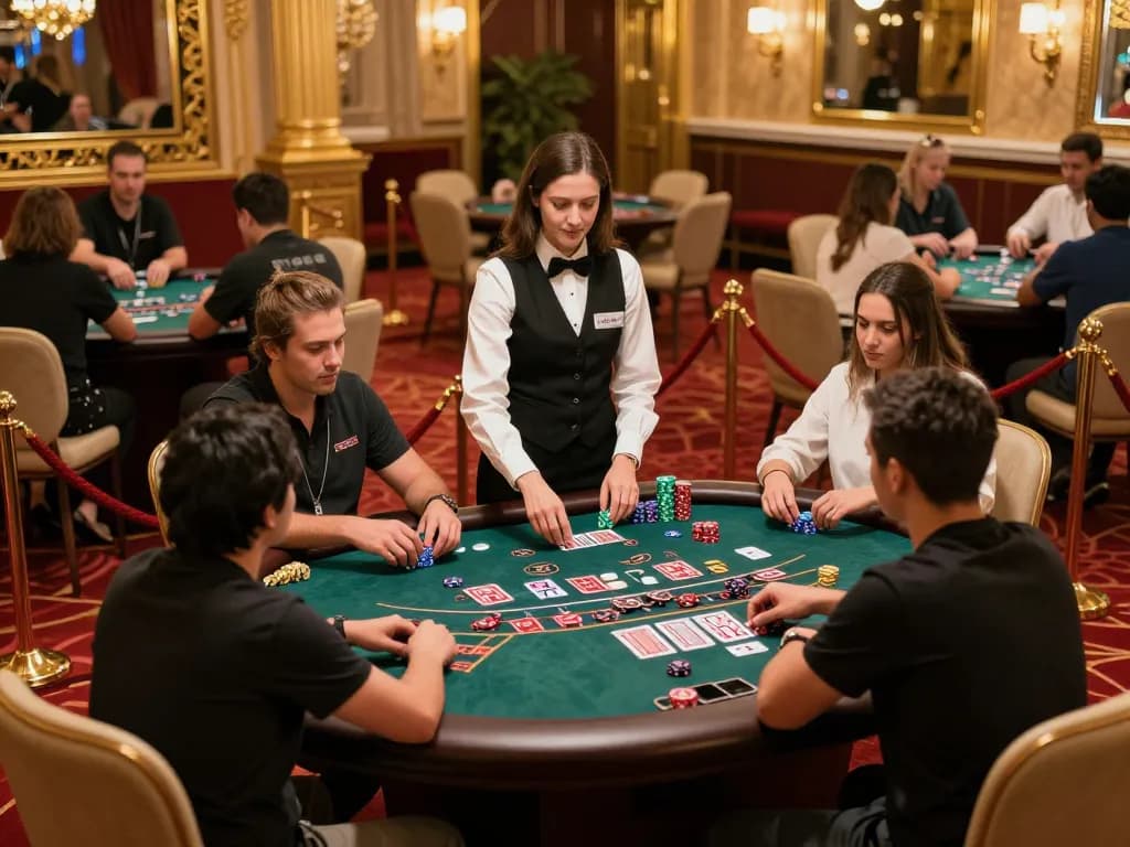 Players enjoying blackjack at 88aa1 casino table with vibrant atmosphere and professional dealer