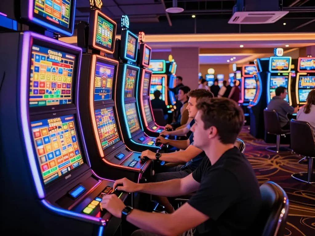 Pemain terlibat dengan mesin slot yang ceria, menciptakan suasana yang mendebarkan di kasino yang ramai.