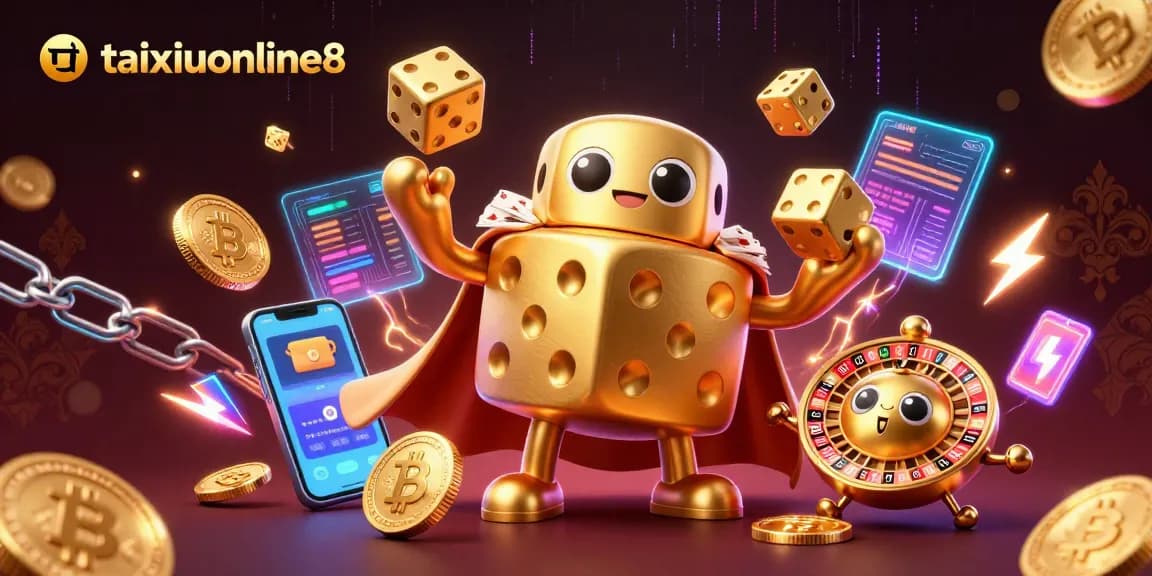 Experience the fun with taixiuonline8 through our dynamic casino characters juggling dice amidst vibrant crypto elements.