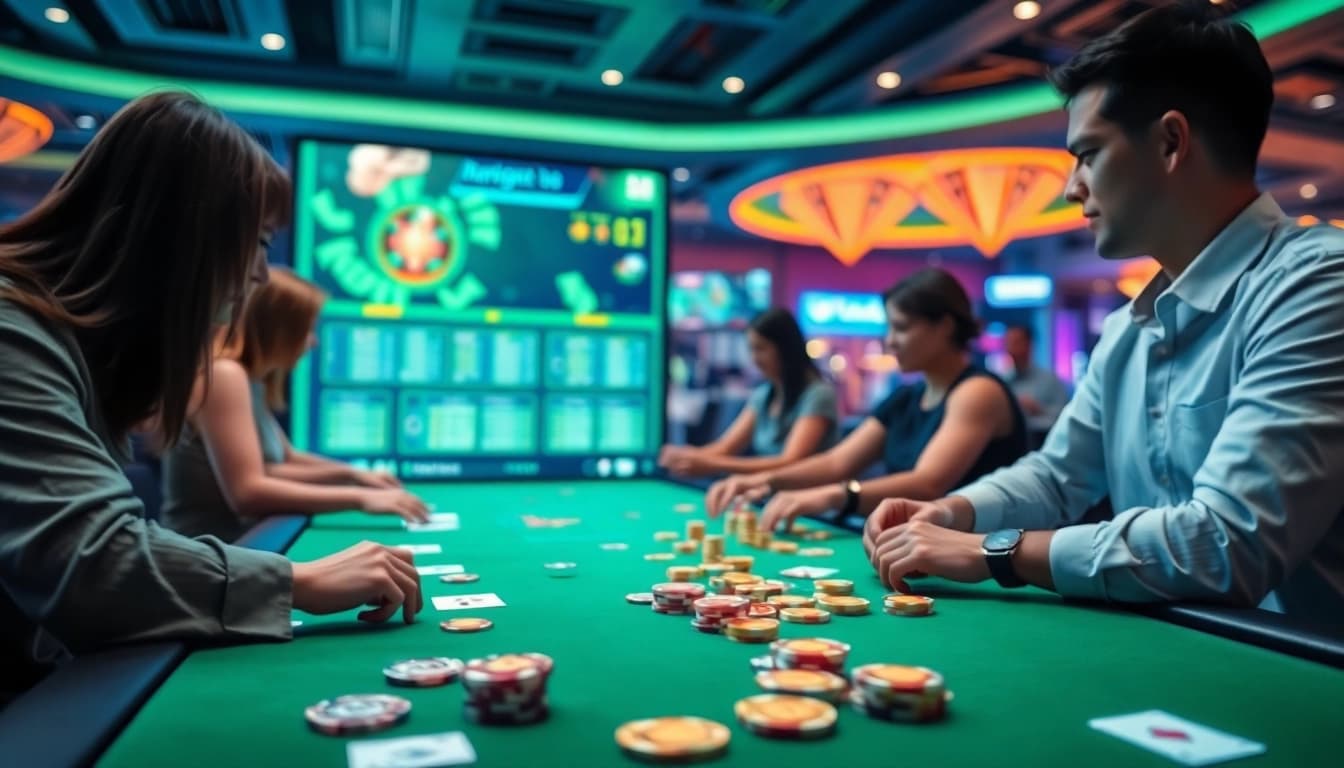Interaktive Casinoerfahrung auf casinospiele.de mit Spielern und digitalen gaming Elementen.