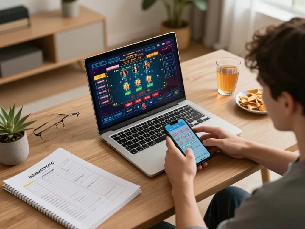 Engaging in online betting strategies on SC88e platform with laptop and notes.