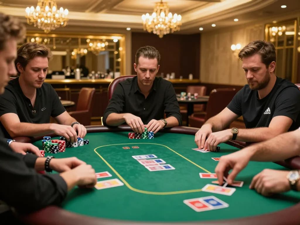 Players strategize their moves in a high-stakes game with nhà cái 23win, showcasing intense poker action.