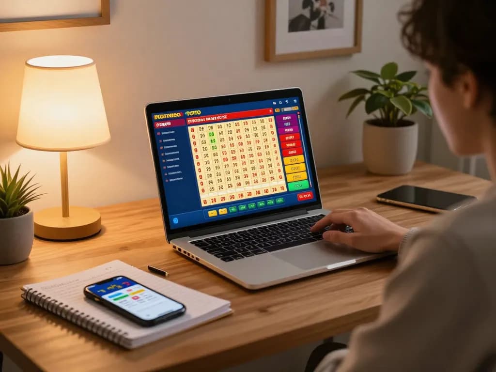 Bergabung dalam permainan toto togel online di rumah, menyoroti catatan strategis dan antarmuka yang berwarna-warni.