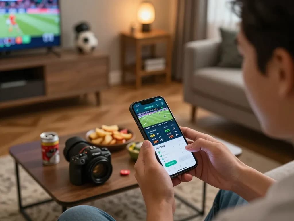 Engaging in god55 sports betting using a smartphone in a vibrant home setting