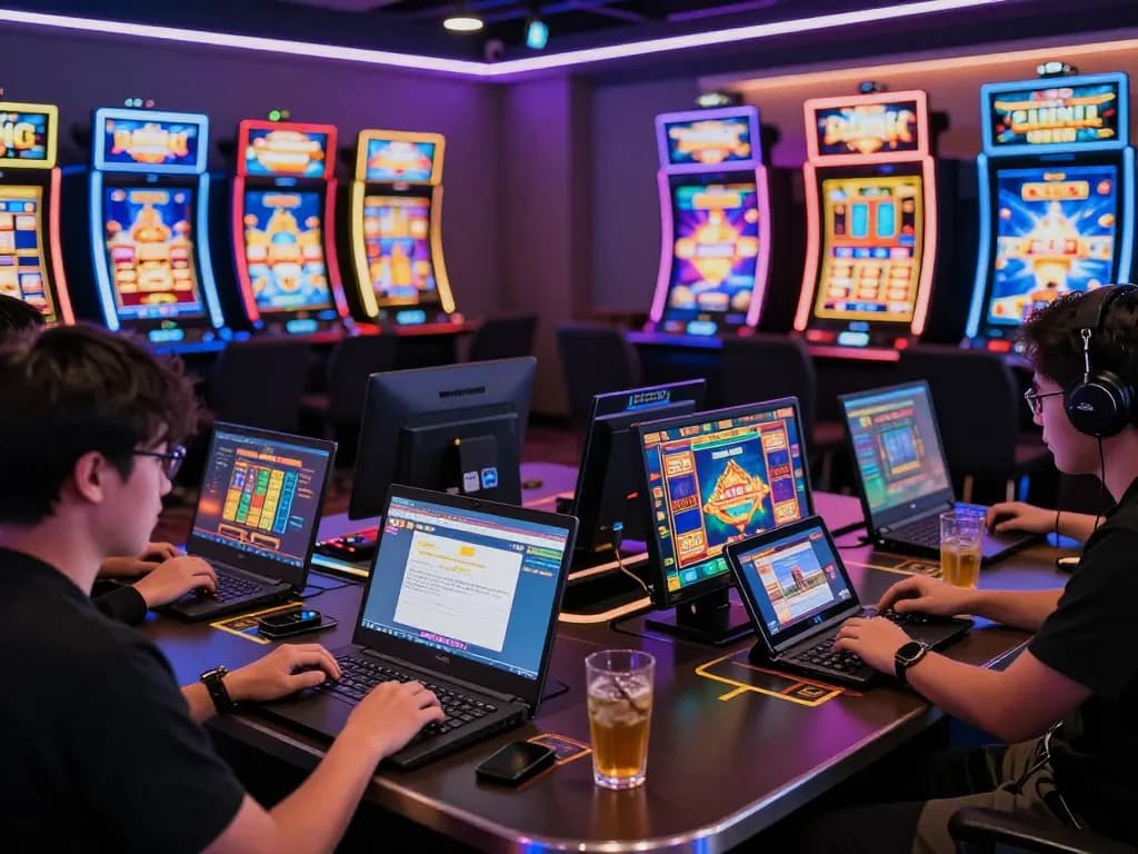 Pemain terlibat menikmati permainan slot situs gacor di lingkungan kasino online yang vibran.