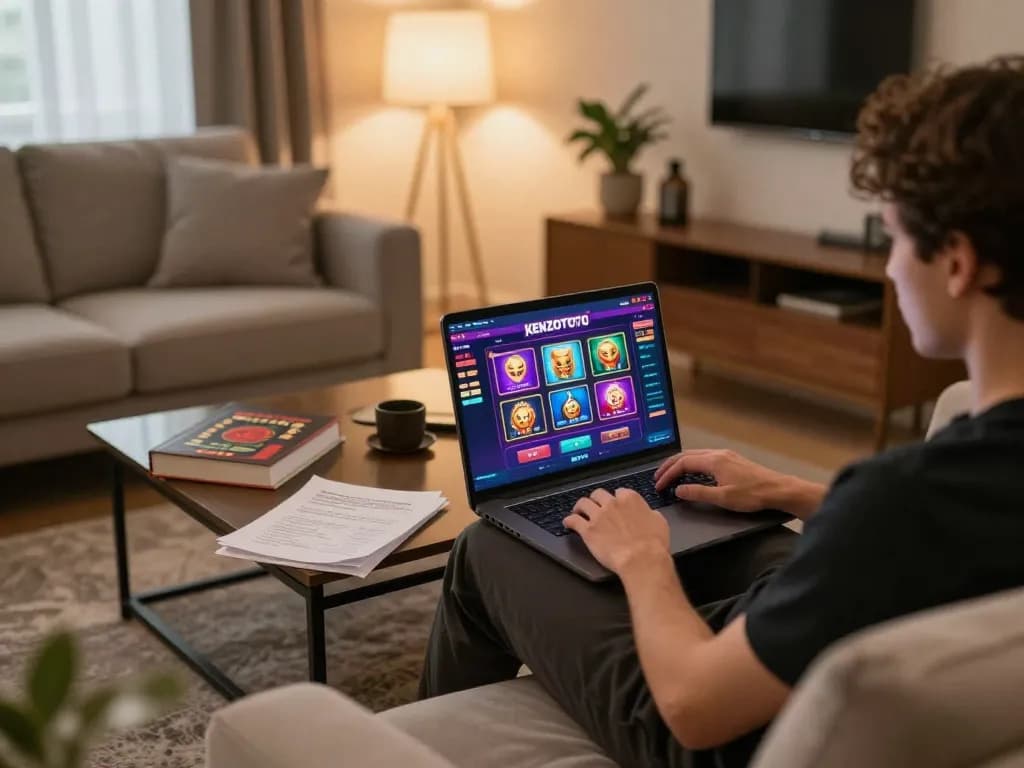 Pemain berinteraksi dengan login KENZOTOTO di laptop, dikelilingi oleh catatan strategi judi dalam suasana yang nyaman.