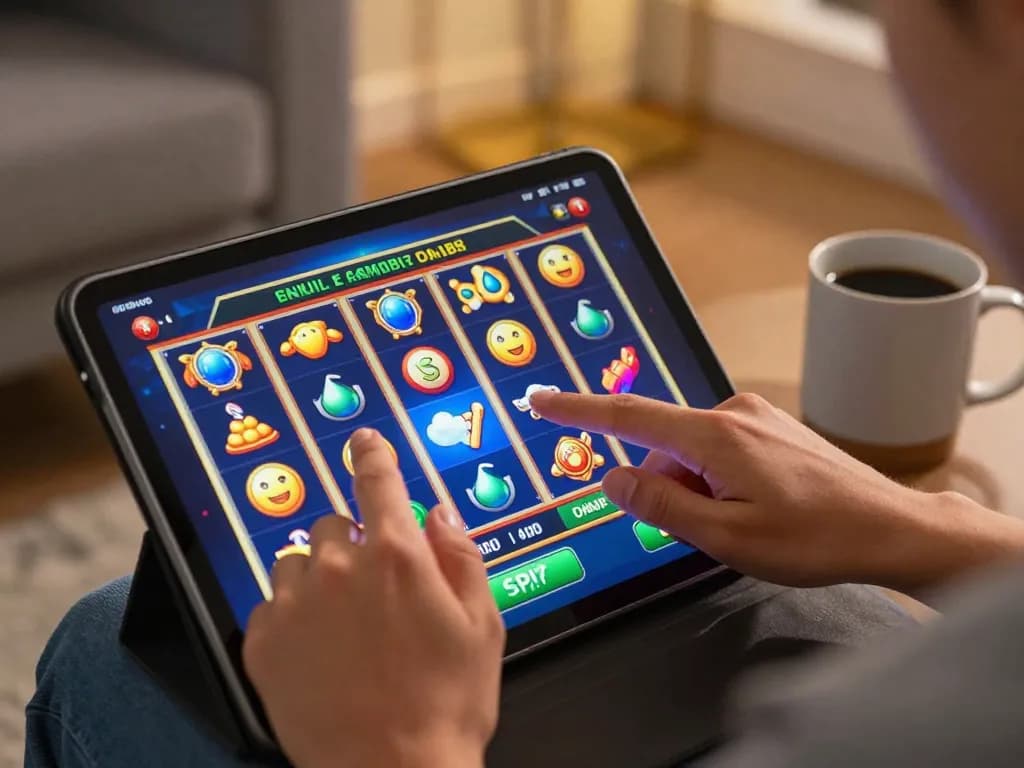 SpinAdvisor user preparing to spin a colorful online slot game on tablet, reflecting engaging gaming strategy.