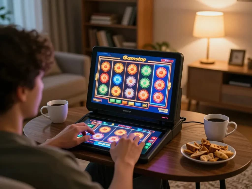 Playing slots not on gamstop on a tablet in a cozy home gaming setup