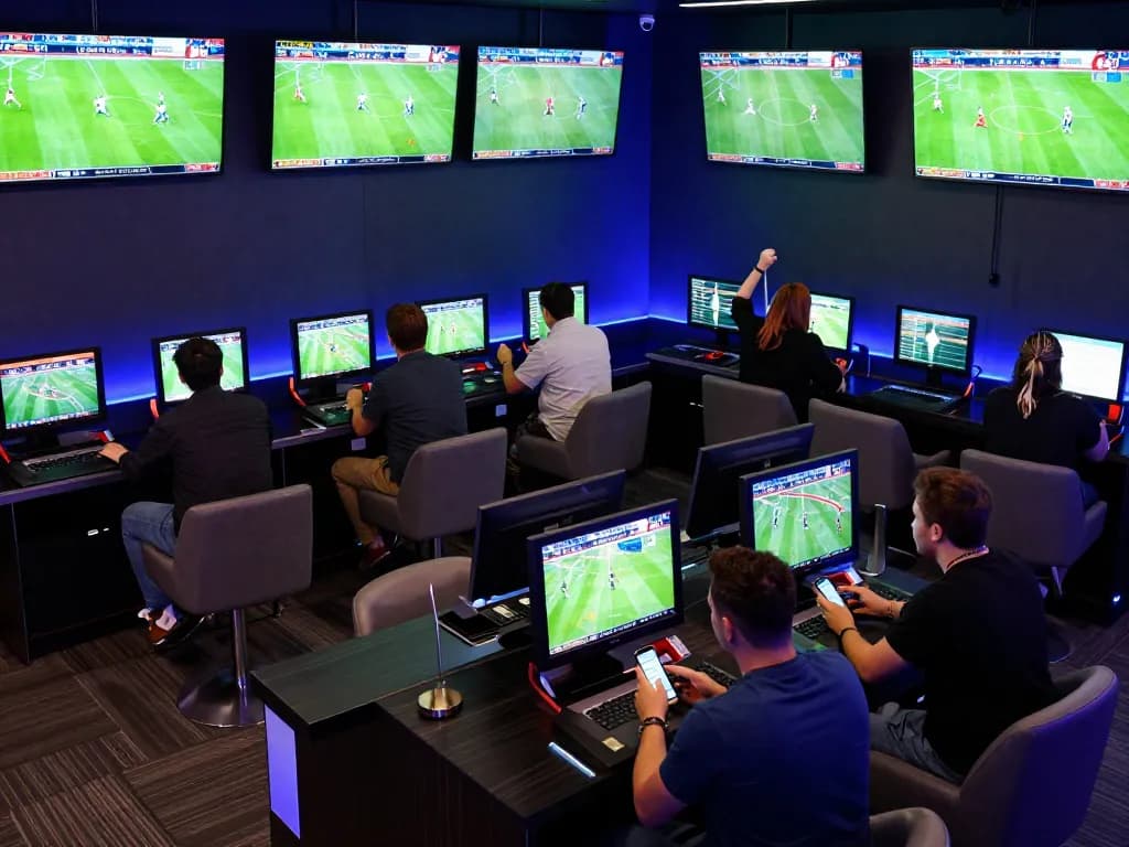 Tỷ lệ bóng đá hôm nay highlighted in a lively sports betting lounge with fans engaged in high-stakes wagers and real-time updates