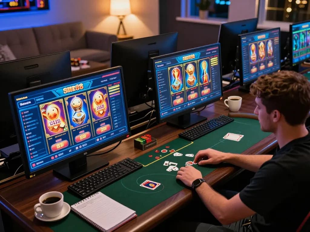 Engaging in Slot88 gameplay at a sophisticated home office, highlighting strategic online gambling excitement.