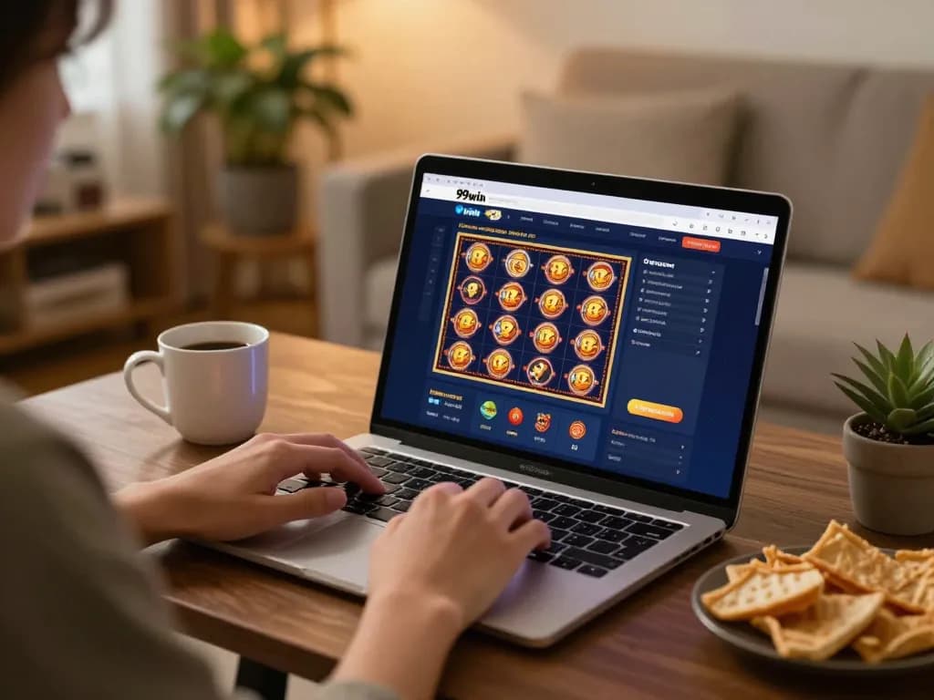 Engaging with the 99win online casino interface during a cozy gaming session at home.