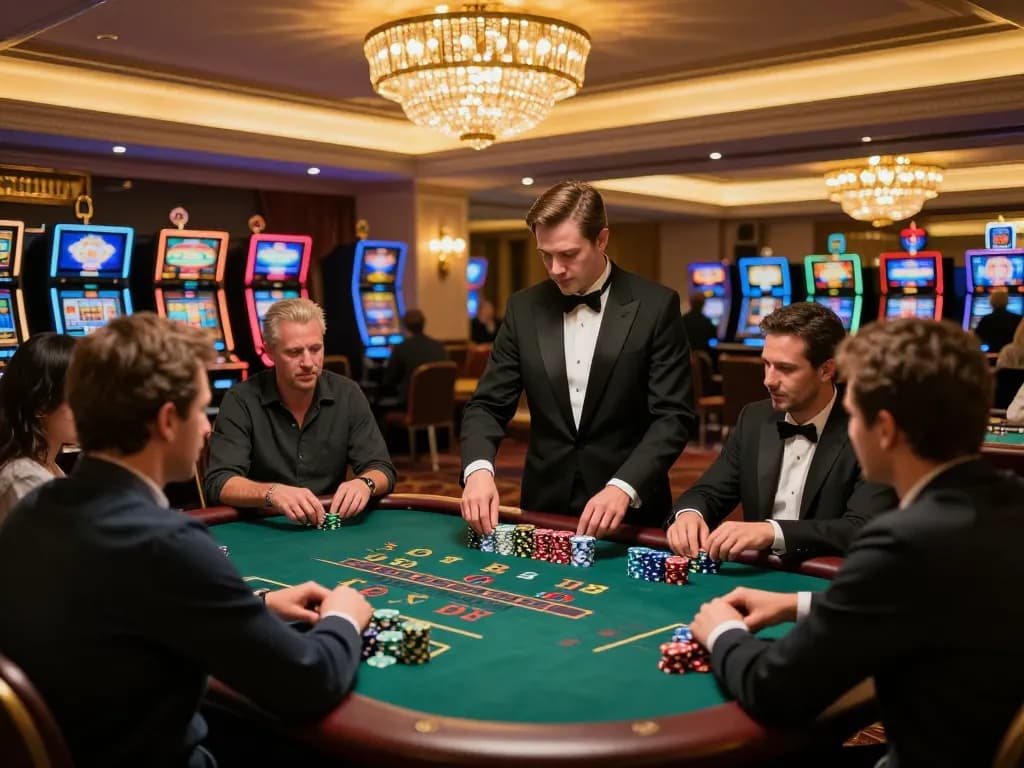 CasinoAtlas shows players enjoying blackjack in a vibrant, upscale casino atmosphere.