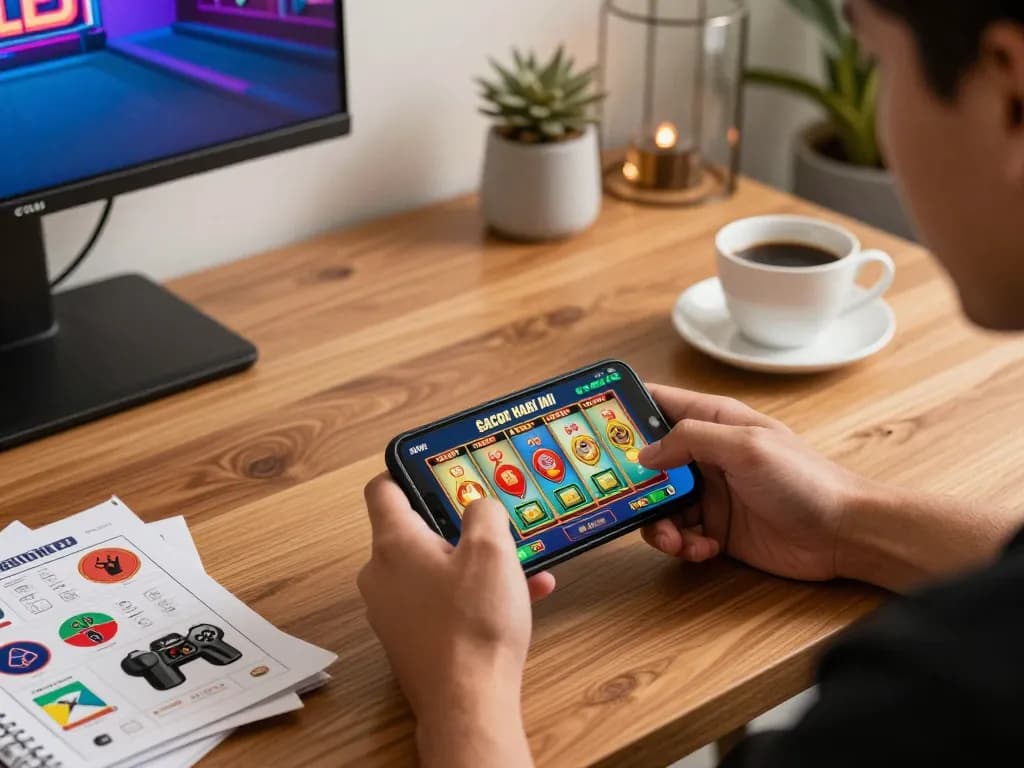 Engaging with the slot gacor hari ini app on a smartphone during a cozy home gaming session