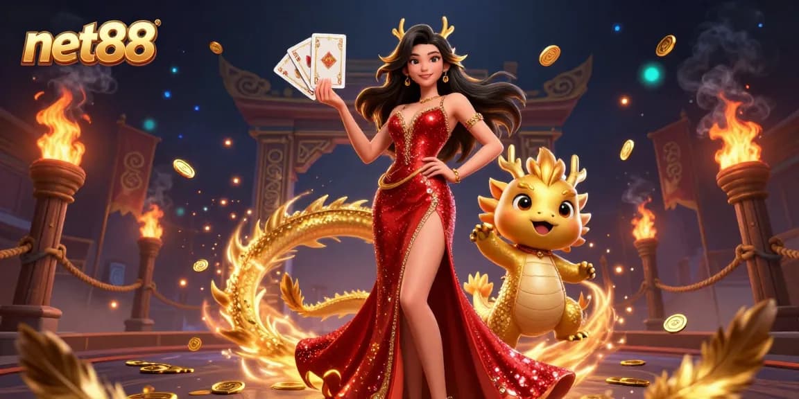 Experience the thrill of net88 with a glamorous Asian woman and golden dragon at a vibrant casino scene.