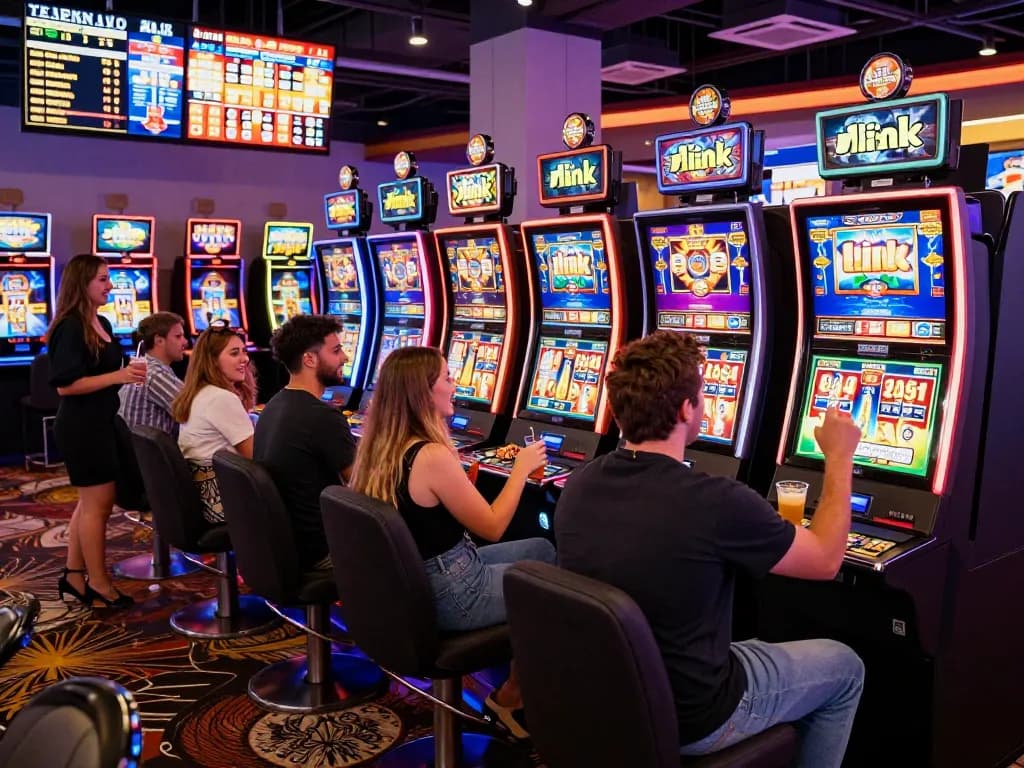 Sahabat menikmati sesi meriah di mesin slot link yang penuh warna di kasino.