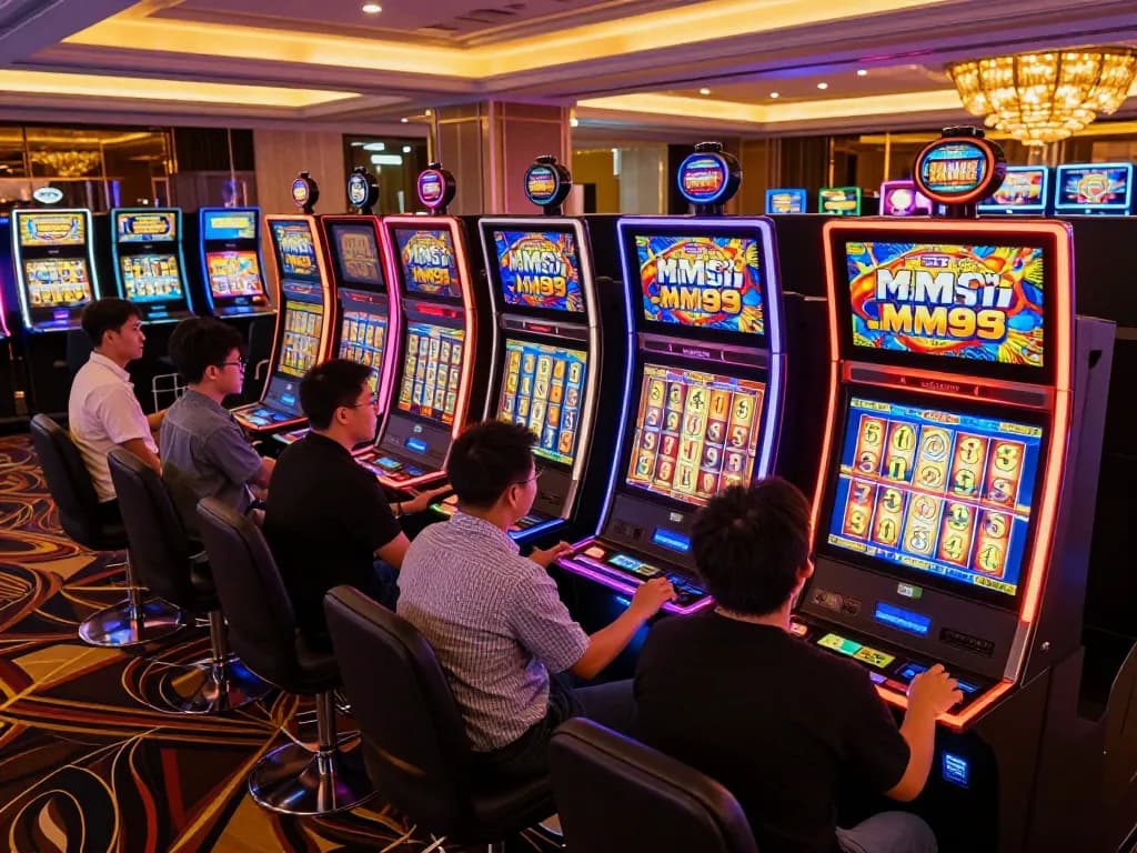Players enjoying exciting MM99 Slot machines in a colorful and vibrant casino atmosphere.