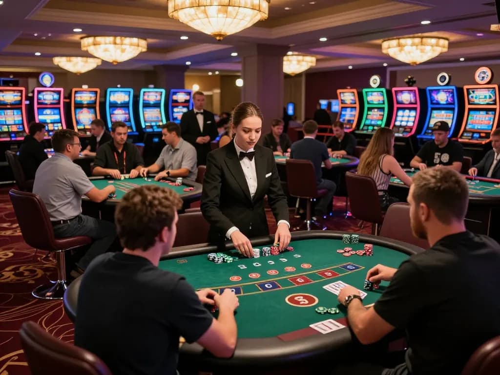 Players engaging in strategic blackjack gameplay at gameradar, vibrant casino atmosphere with dynamic action.