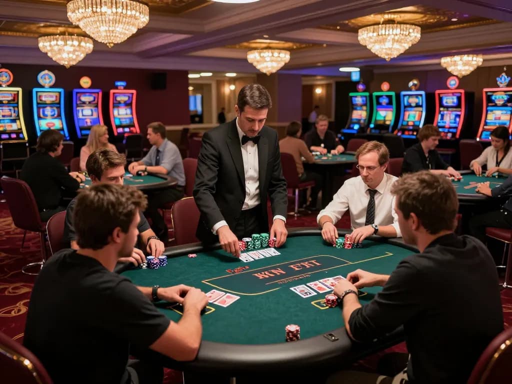 Experience dynamic Texas Hold'em gameplay on the luxurious casino floor with nano banana flash technology enhancing the visual elements.