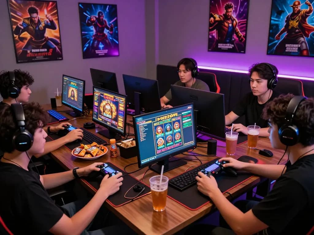 Players enjoying thrilling slot gacor games in a vibrant gaming setup, featuring exciting visuals and a lively atmosphere.