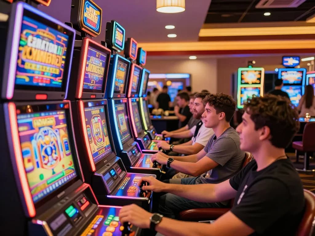Players enjoying colorful slot machines at Casinosscope, showcasing vibrant gaming atmosphere.