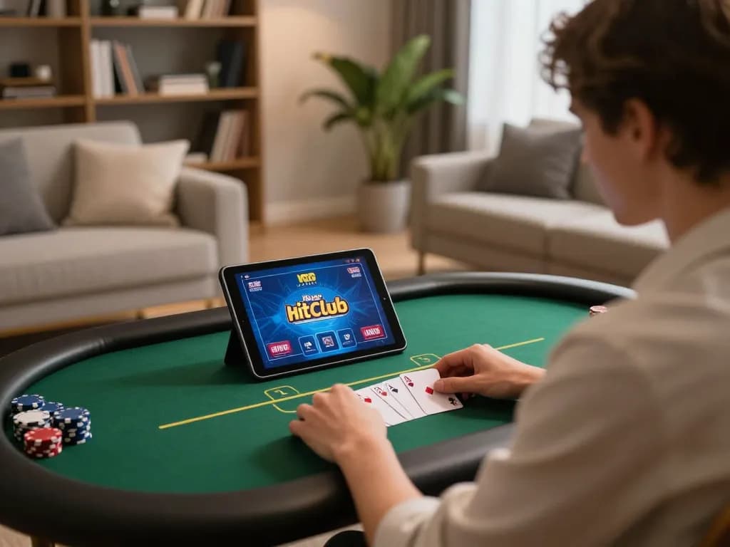 Enjoying a hitclub poker game on tablet in a cozy home setup with strategic focus