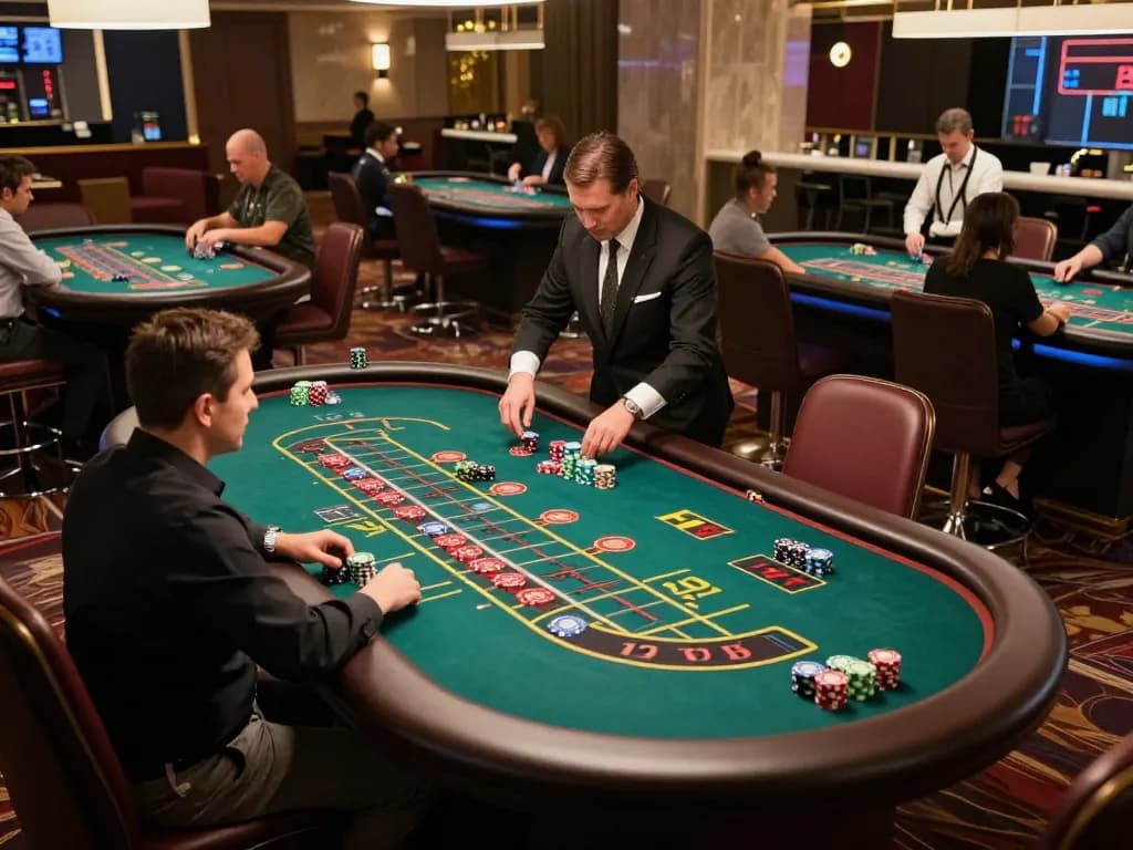 Players eagerly betting at a roulette table in the vibrant F8 BET casino, showcasing excitement and strategy.