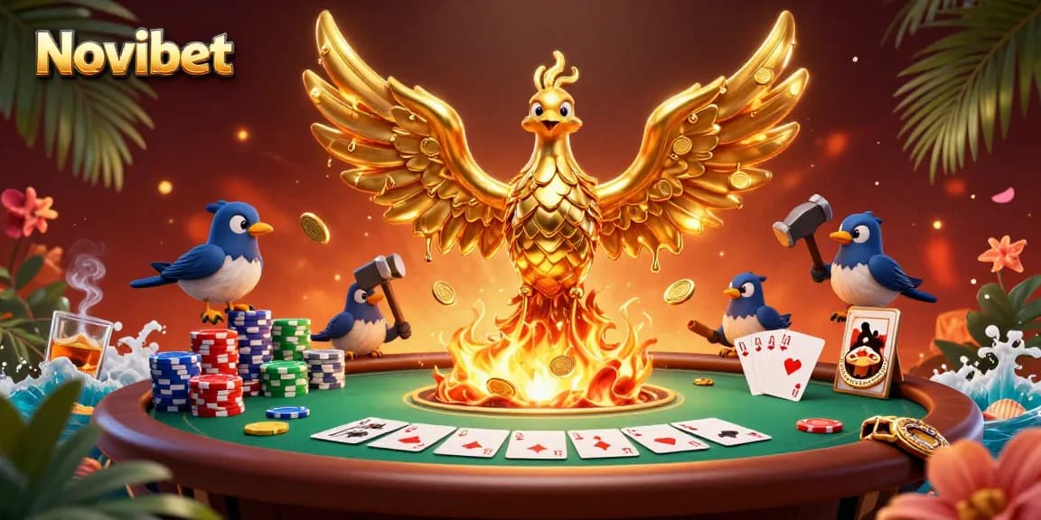 Experience thrilling gameplay with Novibet's immersive casino scene featuring a golden phoenix and poker action.