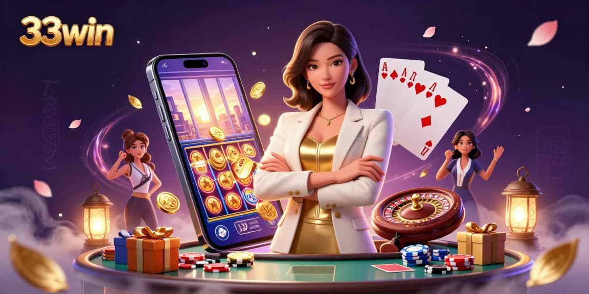 Experience the thrill of 33win with an elegant Asian woman showcasing her cards in a vibrant casino scene.