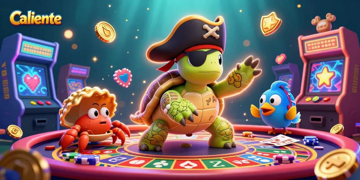 Win big with Caliente's lively 3D illustration of casino fun featuring a pirate turtle and friends.