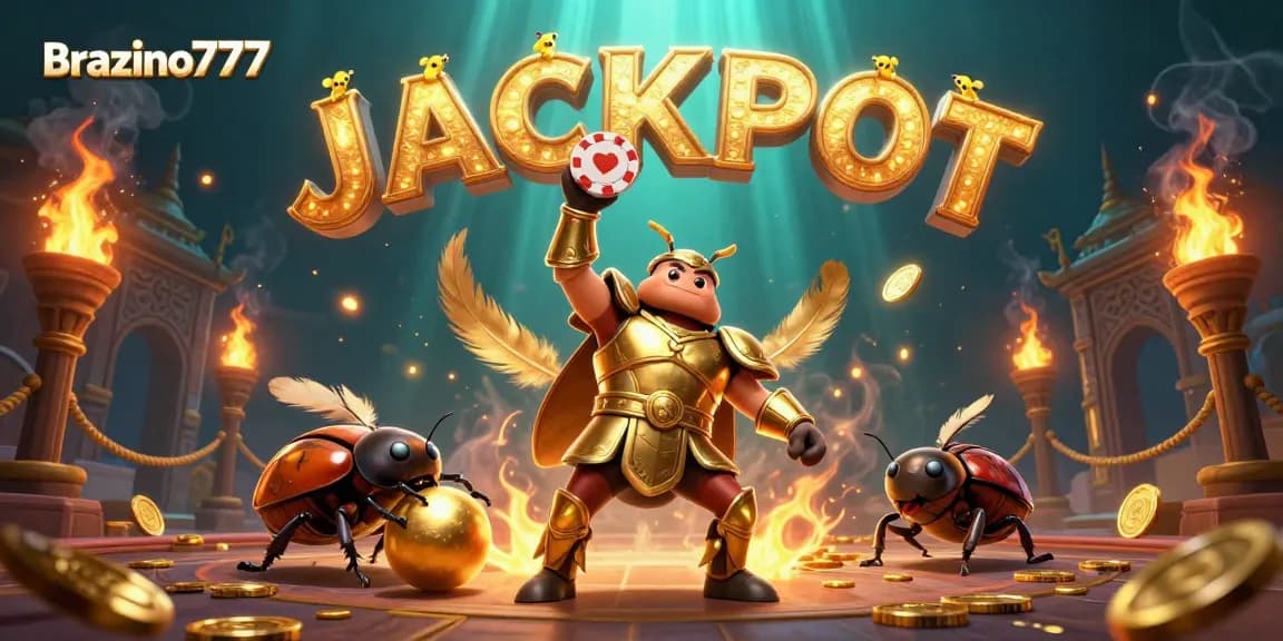 Brazino777 triumphs as a cartoon beetle celebrates jackpot victory in a colorful casino arena