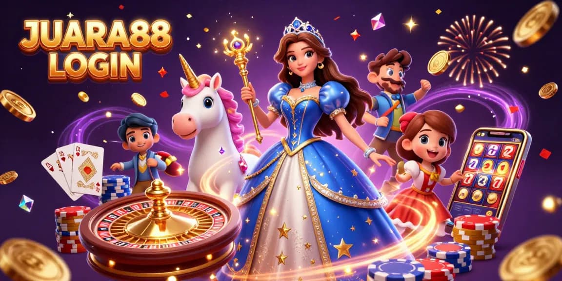 Experience JUARA88 LOGIN with a glamorous scene showcasing glittering casino elements and enchanting characters.