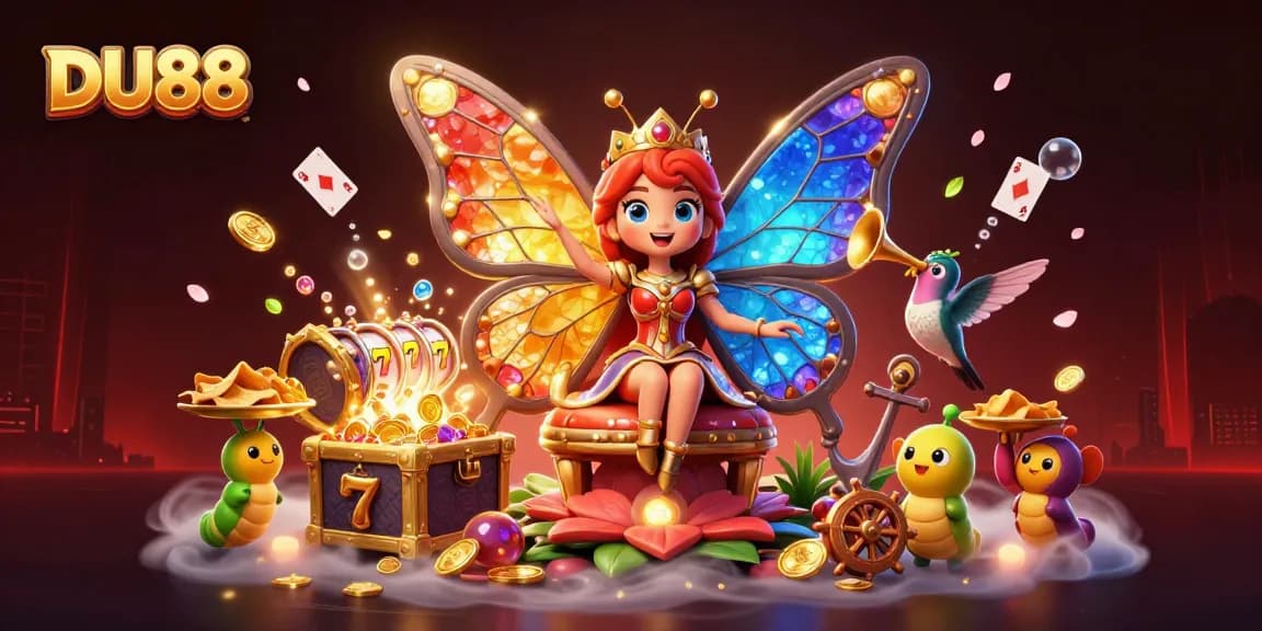 Plunge into rich DU88 casino fun, showcasing 3D characters, slot reels, and vibrant gaming elements.