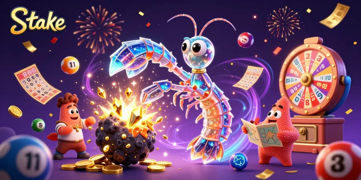 Engage in exciting games at Stake, featuring vibrant casino elements and galactic character action.