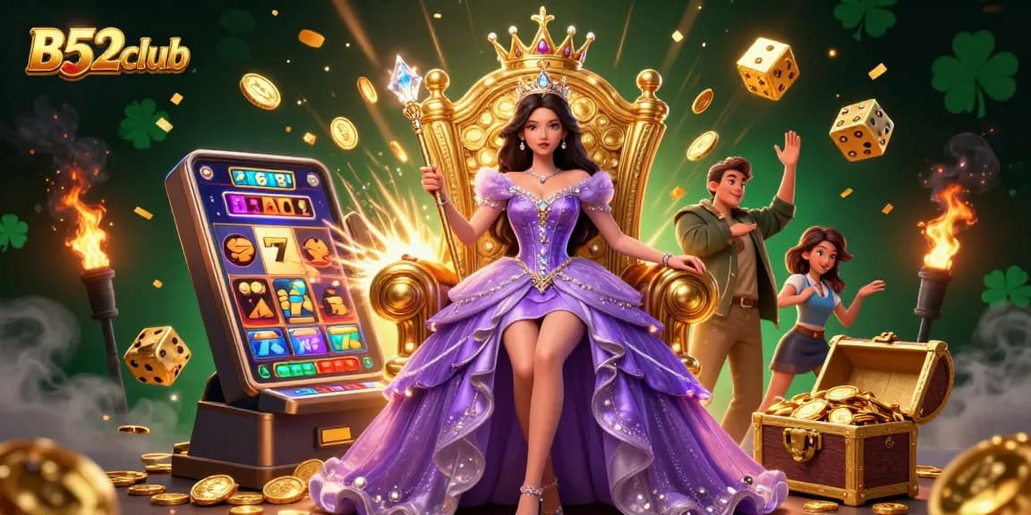 A vibrant B52club illustration showcasing a beautiful Asian woman in a royal gown amidst jackpot-winning elements like slot machines and golden treasures.