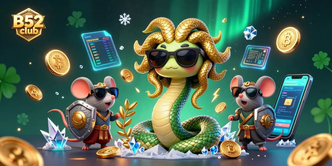 Engage in thrilling gameplay at B52club with a vibrant 3D illustration showcasing friendly Medusa and a warrior mouse amid sparkling coins and dynamic elements.
